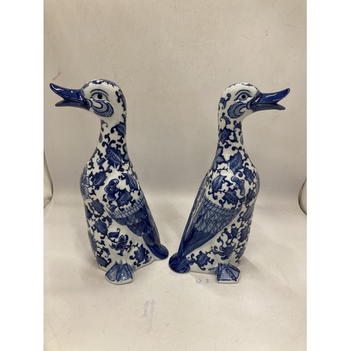 236 - TWO BLUE AND WHITE CERAMIC DUCKS, HEIGHT 30CM