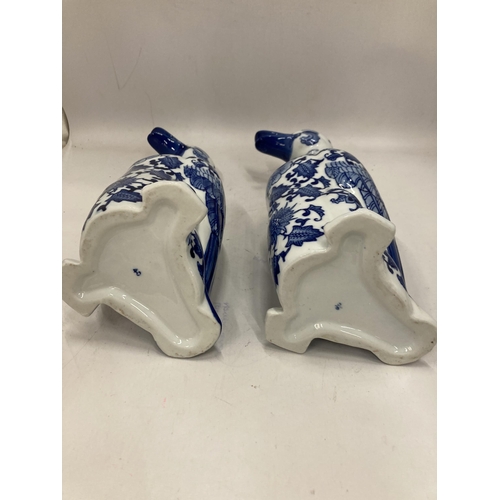 236 - TWO BLUE AND WHITE CERAMIC DUCKS, HEIGHT 30CM