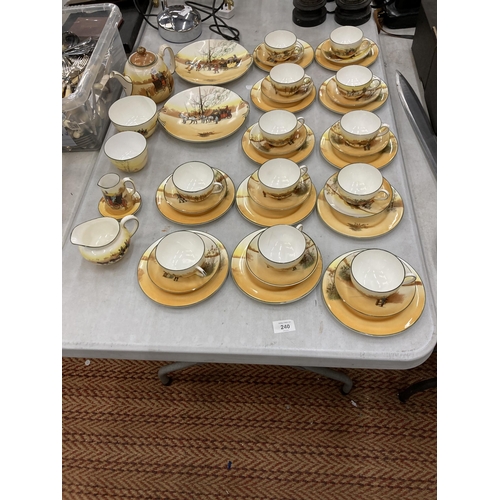 240 - A VINTAGE ROYAL DOULTON COACHING DAYS TEASET TO INCLUDE CAKE PLATES, A TEAPOT, SUGAR BOWLS, CREAM AN... 