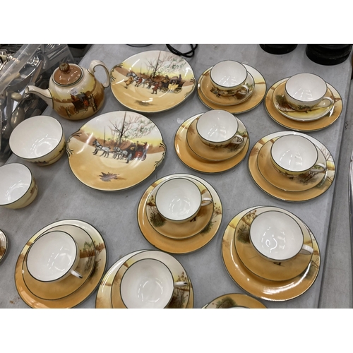 240 - A VINTAGE ROYAL DOULTON COACHING DAYS TEASET TO INCLUDE CAKE PLATES, A TEAPOT, SUGAR BOWLS, CREAM AN... 