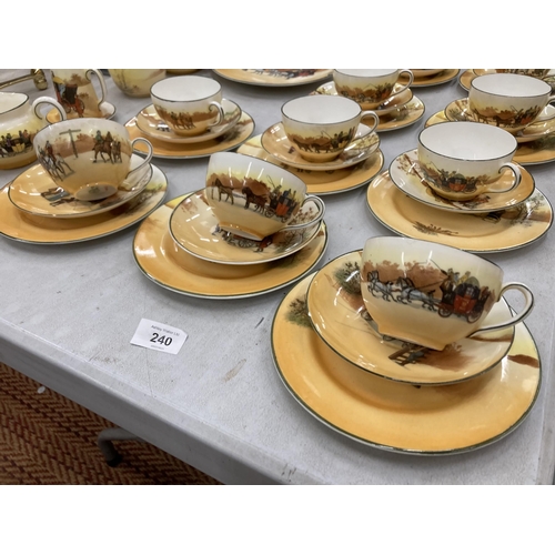 240 - A VINTAGE ROYAL DOULTON COACHING DAYS TEASET TO INCLUDE CAKE PLATES, A TEAPOT, SUGAR BOWLS, CREAM AN... 