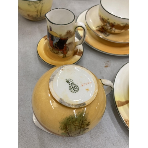 240 - A VINTAGE ROYAL DOULTON COACHING DAYS TEASET TO INCLUDE CAKE PLATES, A TEAPOT, SUGAR BOWLS, CREAM AN... 