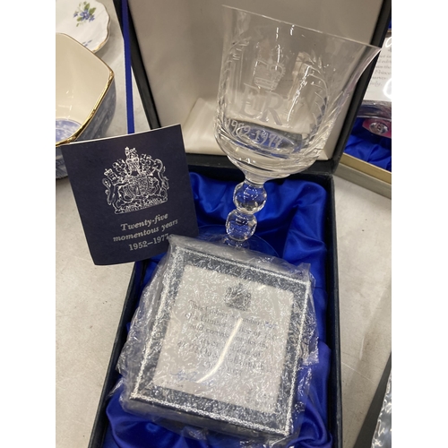 244 - FIVE ROYAL COMMEMORATIVE GLASSES IN PRESENTATION BOXES TO INCLUDE FOUR STUART LIMITED EDITION WITH C... 