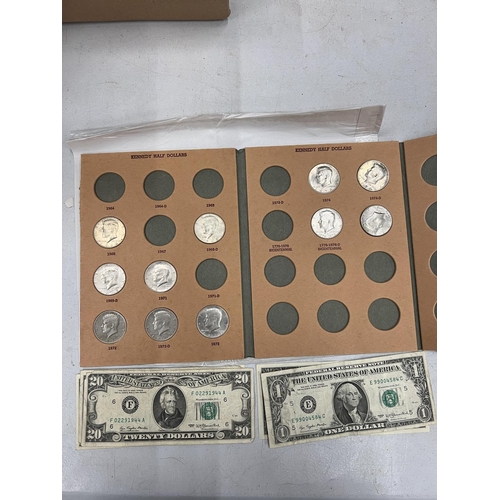 417 - A COIN FOLDER HOUSING 10 X KENNEDY USA HALF DOLLARS  PLUS 4 X $1 AND 1 X $20 BANKNOTES