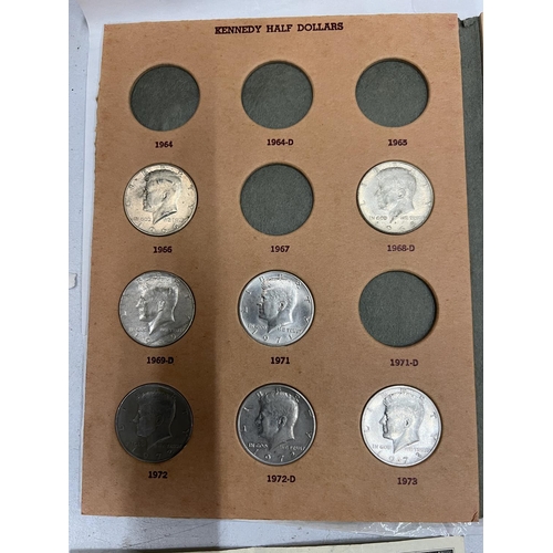 417 - A COIN FOLDER HOUSING 10 X KENNEDY USA HALF DOLLARS  PLUS 4 X $1 AND 1 X $20 BANKNOTES