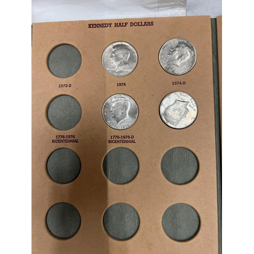 417 - A COIN FOLDER HOUSING 10 X KENNEDY USA HALF DOLLARS  PLUS 4 X $1 AND 1 X $20 BANKNOTES