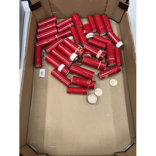 422 - A BOX CONTAINING RED TUBES OF UNCIRCULATED, PRE-DECIMAL COINAGE TO INCLUDE : 2 X FARTHINGS 1955, 9 X... 