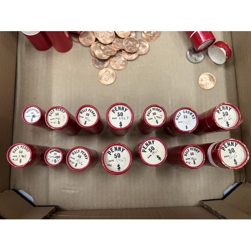 422 - A BOX CONTAINING RED TUBES OF UNCIRCULATED, PRE-DECIMAL COINAGE TO INCLUDE : 2 X FARTHINGS 1955, 9 X... 