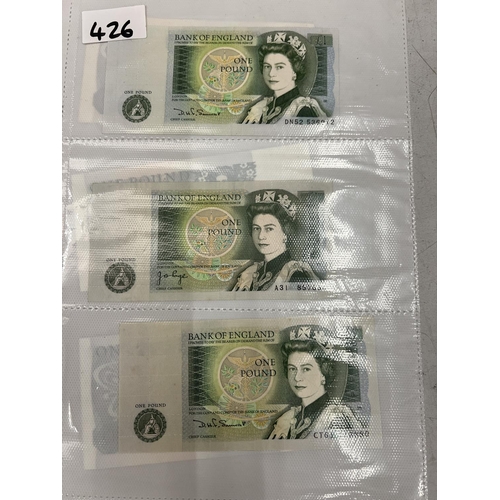 426 - A QUANTITY OF ONE POUND NOTES (18 IN TOTAL) 7 SIGNED BY PAGE (1970 - 1980) AND 11 SIGNED BY D SOMERS... 