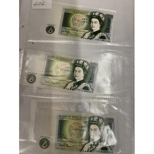 426 - A QUANTITY OF ONE POUND NOTES (18 IN TOTAL) 7 SIGNED BY PAGE (1970 - 1980) AND 11 SIGNED BY D SOMERS... 