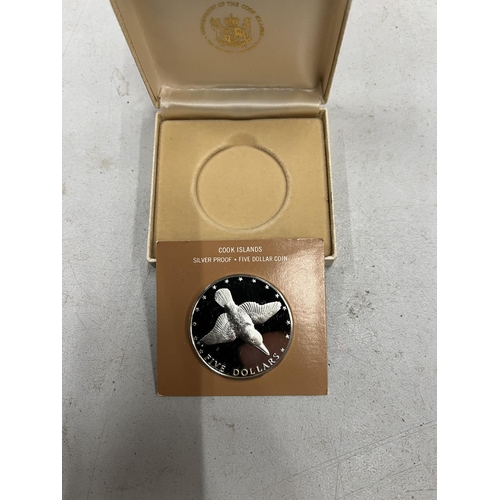 444 - A COOK ISLANDS 1976 $5 SILVER COIN, BOXED WITH COA