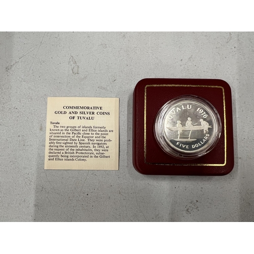 451 - A TUVULU 1976 $5 SILVER PROOF COIN. BOXED WITH COA