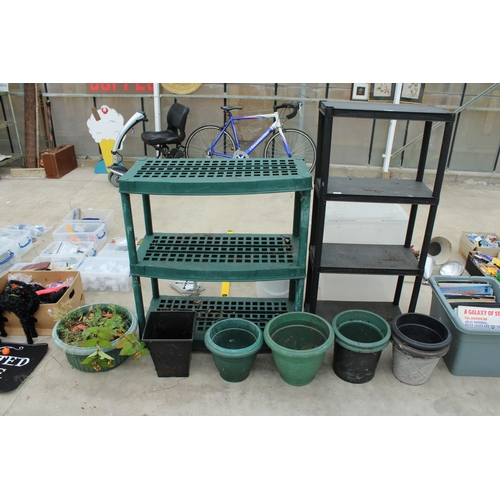 1801 - TWO PLASTIC WORKSHOP SHELVING UNITS AND VARIOUS PLANT POTS