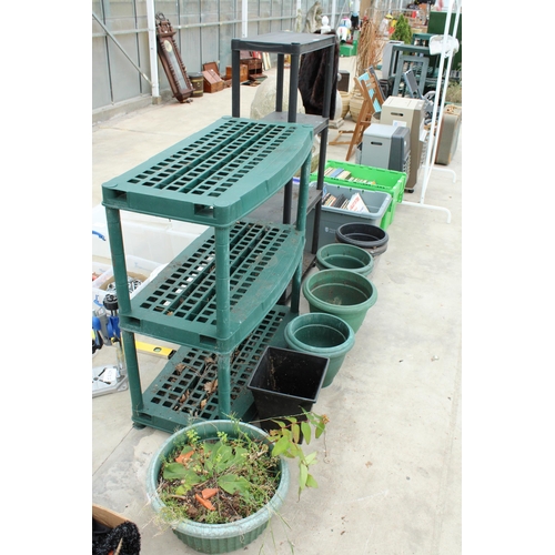 1801 - TWO PLASTIC WORKSHOP SHELVING UNITS AND VARIOUS PLANT POTS