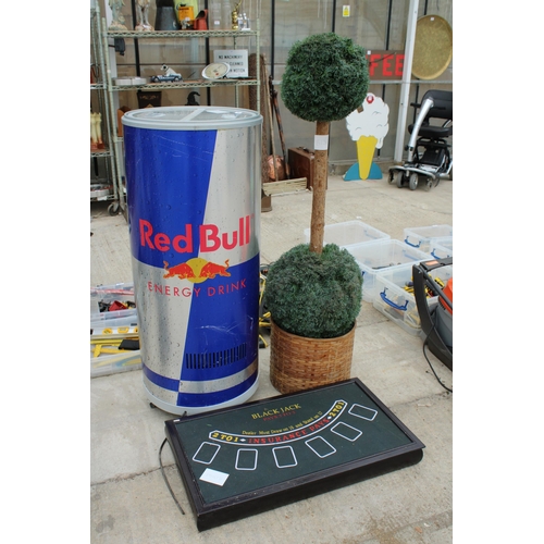 1805 - A RED BULL SHOP FRIDGE, A BLACKJACK SET AND AN ARTIFICIAL TREE