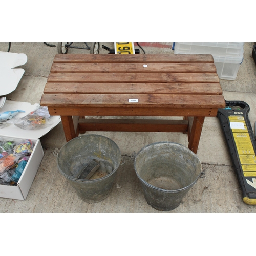 1808 - A WOODEN SLATTED TABLE AND TWO GALVANISED BUCKETS