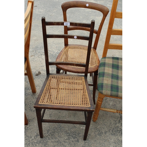 2807 - A SMALL PINE DRAW-LEAF TABLE AND TWO CHAIRS AND TWO BEDROOM CHAIRS