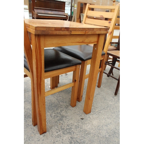 2807 - A SMALL PINE DRAW-LEAF TABLE AND TWO CHAIRS AND TWO BEDROOM CHAIRS