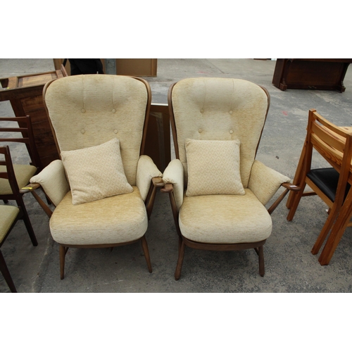 2808 - A PAIR OF ERCOL BLUE PAPER LABEL EVERGREEN HIGH BACK FIRESIDE CHAIRS