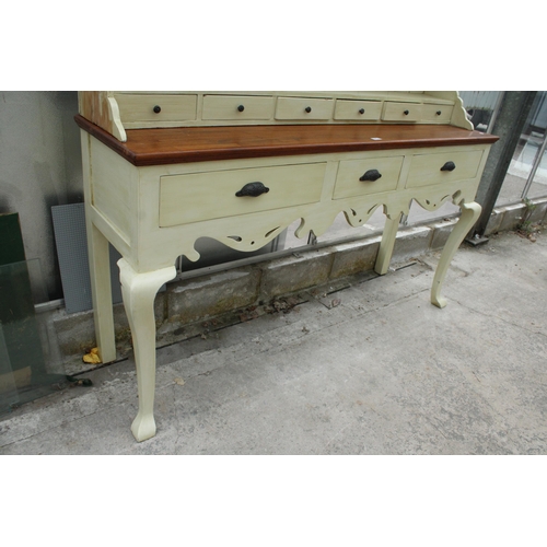 2812 - A PAINTED PINE GEORGIAN STYLE DRESSER ON FRONT CABRIOLE LEGS WITH THREE DRAWERS HAVING METAL SCOOP H... 