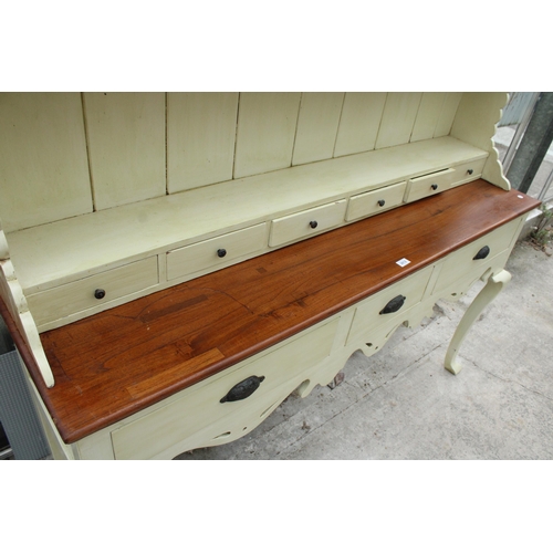 2812 - A PAINTED PINE GEORGIAN STYLE DRESSER ON FRONT CABRIOLE LEGS WITH THREE DRAWERS HAVING METAL SCOOP H... 