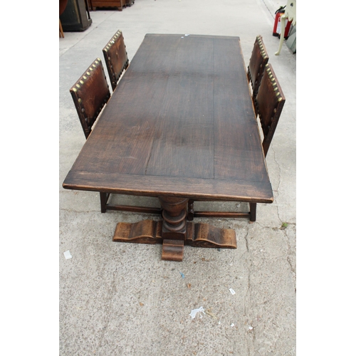 2813 - AN OAK JACOBEAN STYLE REFECTORY DINING TABLE ON TWIN PEDESTALS, 78