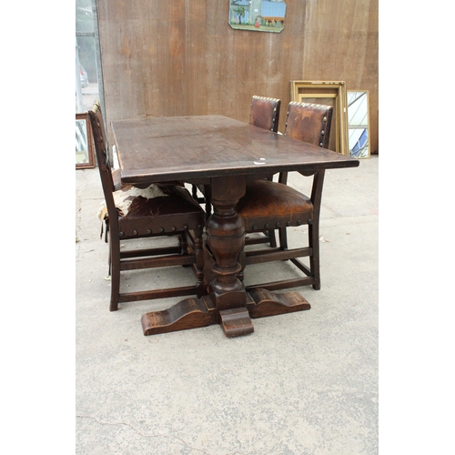 2813 - AN OAK JACOBEAN STYLE REFECTORY DINING TABLE ON TWIN PEDESTALS, 78