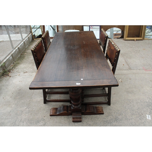 2813 - AN OAK JACOBEAN STYLE REFECTORY DINING TABLE ON TWIN PEDESTALS, 78