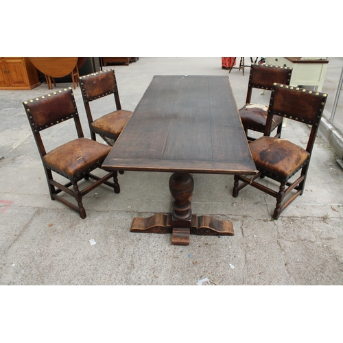 2813 - AN OAK JACOBEAN STYLE REFECTORY DINING TABLE ON TWIN PEDESTALS, 78