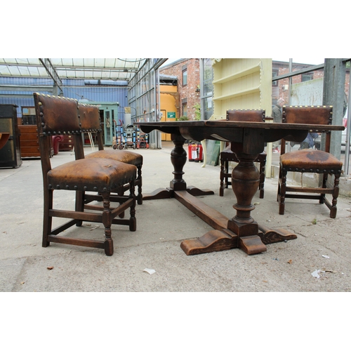 2813 - AN OAK JACOBEAN STYLE REFECTORY DINING TABLE ON TWIN PEDESTALS, 78