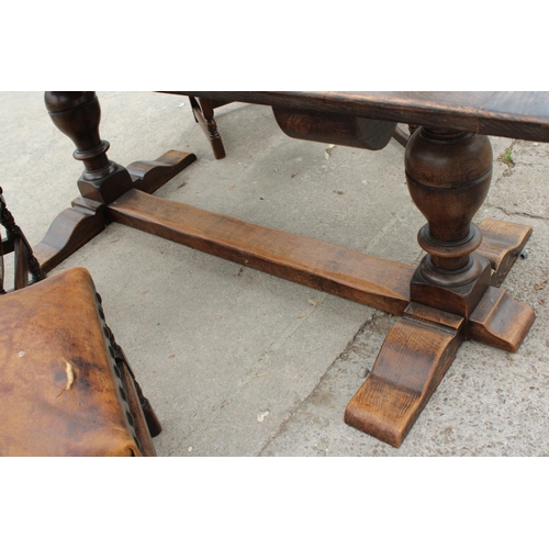 2813 - AN OAK JACOBEAN STYLE REFECTORY DINING TABLE ON TWIN PEDESTALS, 78