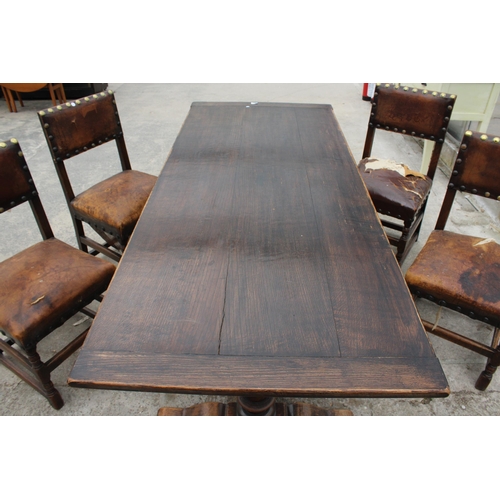 2813 - AN OAK JACOBEAN STYLE REFECTORY DINING TABLE ON TWIN PEDESTALS, 78