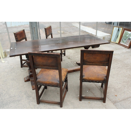 2813 - AN OAK JACOBEAN STYLE REFECTORY DINING TABLE ON TWIN PEDESTALS, 78