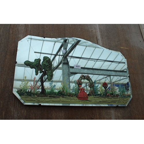 2819 - A MID 20TH CENTURY FRAMELESS WALL MIRROR WITH DECORATIVE GARDEN SCENE AND YOUNG WOMAN WITH A BONNET,... 