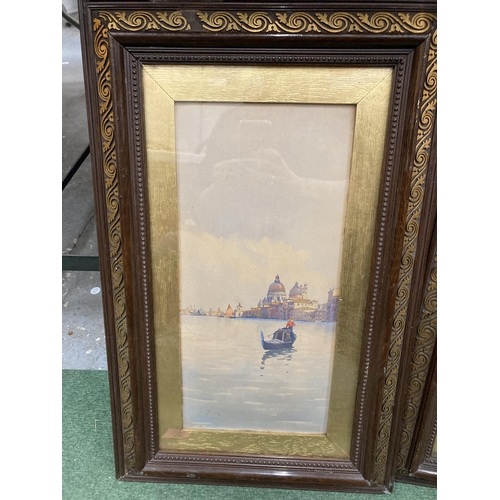 100 - TWO FRAMED WATERCOLOURS OF VENICE IN INTRICATE CARVED WOODEN FRAMES WITH GILDED GOLD MOUNTS ONE SIGN... 