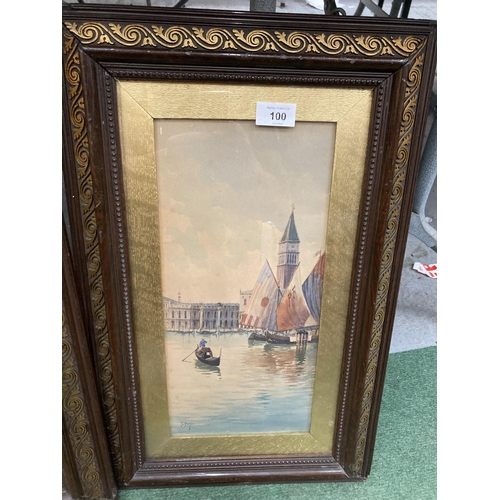 100 - TWO FRAMED WATERCOLOURS OF VENICE IN INTRICATE CARVED WOODEN FRAMES WITH GILDED GOLD MOUNTS ONE SIGN... 