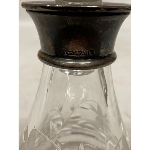 46 - A SMALL DECANTER WITH ENGRAVED FLOWER DETAIL AND A HALLMARKED SHEFFIELD COLLAR