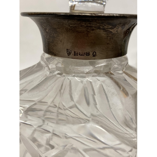 47 - A HOBNAIL CUT WHISKY DECANTER WITH A BIRMINGHAM HALLMARK SILVER COLLAR