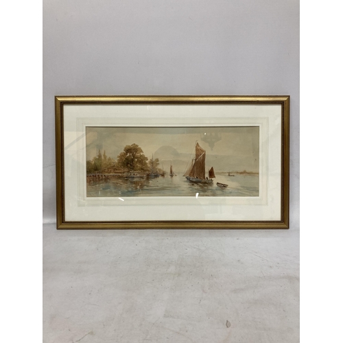 61 - A GILT FRAMED WATERCOLUR OF A BOATING SCENE SIGNED WILTON