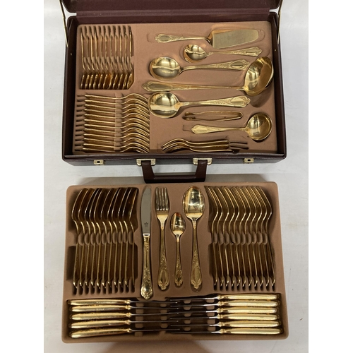 62 - A CASED SET OF BESTECKE (SBS) 24 CARAT GOLD PLATED HARTVERGOLDET SOLINGEN CUTLERY IN A BRIEFCASE