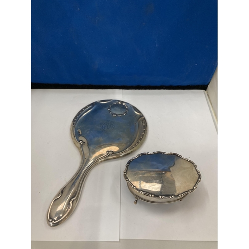 88 - A SILVER MARKED BIRMINGHAM HAND HELD MIRROR TOGETHER WITH A SMALL HINGED JEWELLERY/TRINKET BOX WITH ... 