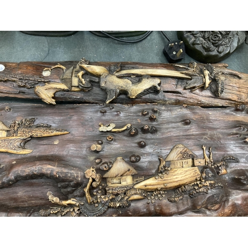 90 - THREE VINTAGE HARDWOOD PANELS, POSSIBLY ORIENTAL, WITH DECORATIOJ OF A TREEHOUSE IN WOOD AND BONE WI... 