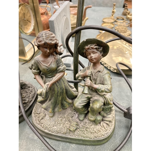 96 - TWO FIGURAL LAMPS DEPICTING A BOY AND GIRL PLAYING INSTRUMENTS WITH TIFFANY STYLE SHADES