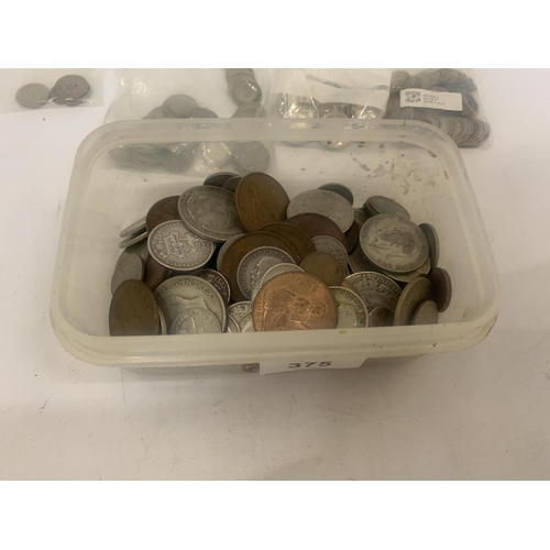 375 - A COLLECTION OF PRE-DECIMAL COINS TO INCLUDE SILVER THREE PENCE COINS IN THE REIGN OF EDWARD VIII ON... 