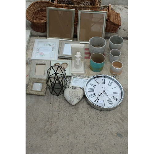 1980 - AN ASSORTMENT OF ITEMS TO INCLUDE PICTURE FRAMES, A WALL CLOCK AND PLANT POTS ETC