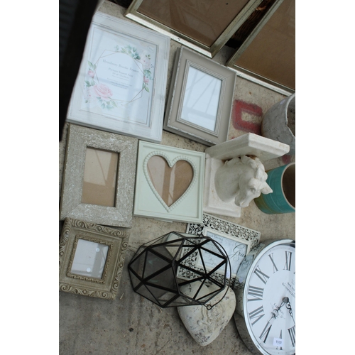 1980 - AN ASSORTMENT OF ITEMS TO INCLUDE PICTURE FRAMES, A WALL CLOCK AND PLANT POTS ETC