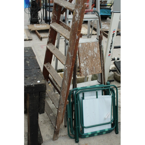 1982 - THREE VARIOUS STEP LADDERS AND TWO FOLDING GARDEN CHAIRS