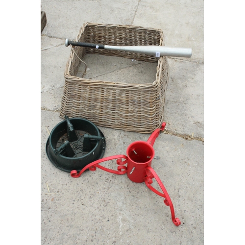 1985 - TWO CHRISTMAS TREE STANDS, A CHRISTMAS TREE COLLAR AND A BASEBALL BAT ETC