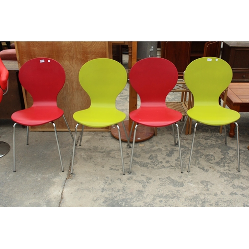 2847 - FOUR COLOURED PLYWOOD KEELER STYLE STACKING CHAIRS, TWO RED AND TWO LIME GREEN