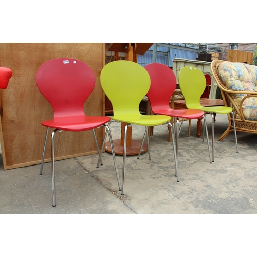 2847 - FOUR COLOURED PLYWOOD KEELER STYLE STACKING CHAIRS, TWO RED AND TWO LIME GREEN